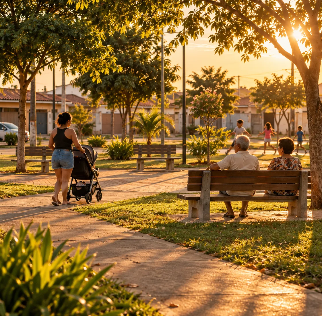 Praça do bairro Kamel Saad ao entardecer, com moradores nos bancos e crianças brincando